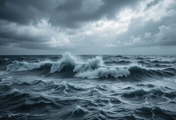Fototapeta premium Powerful Ocean Waves Crashing Under Stormy Skies A Dramatic Seascape View. Deep Blue And Green Waves Create An Intense Mood Evoking Nature's Beauty And Intensity. Horizon View.