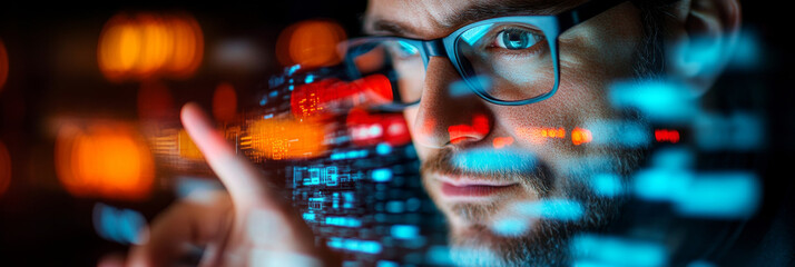 focused man with glasses analyzes digital data on screen, surrounded by vibrant colors and glowing elements, conveying sense of technology and innovation