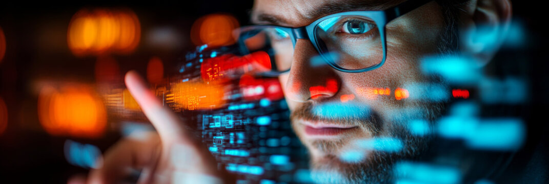 focused man with glasses analyzes digital data on screen, surrounded by vibrant colors and glowing elements, conveying sense of technology and innovation