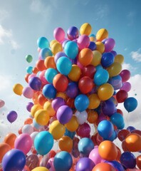 Vibrant multicolored balloons rising in the air , bright blue sky, vibrant colors, aerial view