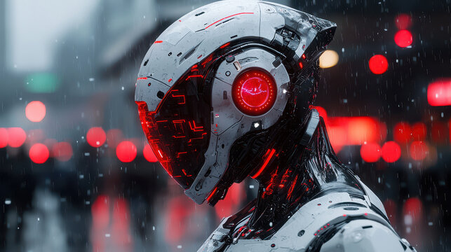 Highly advanced humanoid bio-robot with synthetic muscles in a futuristic cityscape