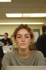 Obraz premium young woman with freckles and wavy hair sits at desk in classroom, looking directly at camera. background shows blurred students and study materials, creating focused academic atmosphere
