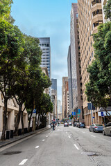 A narrow view down Montgomery Street  in the financial district in San Francisco in early springtime