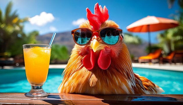 Funny chicken hen in sunglasses,  relaxing by a swimming pool with a cocktail on vacation or holiday. Generated image