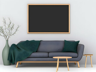 Modern Living Room 3D Illustration, Sofa and Blank Frame
