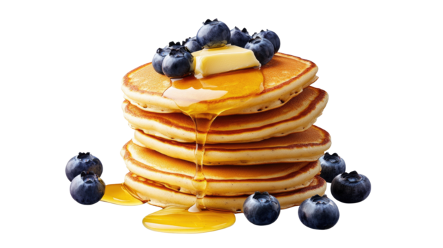 A stack of pancakes with blueberries and butter on top