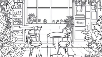 Fototapeta premium Black and white cafe interior, plant-filled. Coloring book page