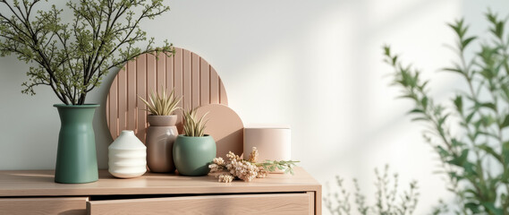 Fototapeta premium serene plant arrangement in neutral tones on wooden table