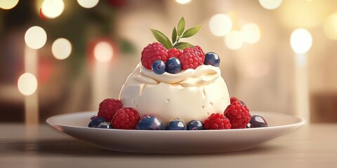 Realistic 3D Icon Cartoon of A Plate of Fresh Mascarpone Cheese with Berries on a White Dish with a Softly Lit Caf&Atilde;? Background