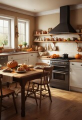 Warm and inviting kitchen with Thanksgiving food , kitchen, holiday