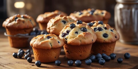 Warm light falls on a freshly baked blueberry muffin on a wooden table, baked goods, table