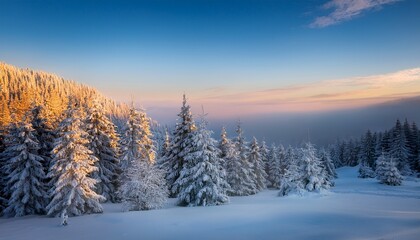 snow-covered trees in a winter wonderland are illuminated by the first light of day.