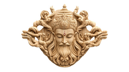 A wooden carving of a man with a beard and a crown