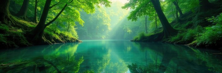 Obraz premium Water's glassy surface reflects emerald foliage, serene atmosphere, peaceful, Hoh Rain Forest, forest