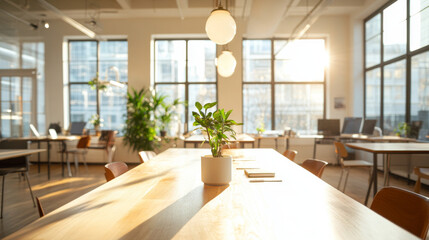Fototapeta premium bright and modern office space featuring large wooden table, potted plant, and ample natural light streaming through large windows. atmosphere is inviting and productive