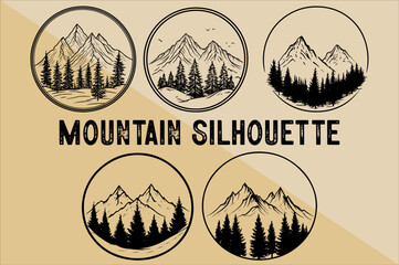 lack Mountain Silhouette Vector Bundle. Rocky Mountain Silhouette Vector with tree set.