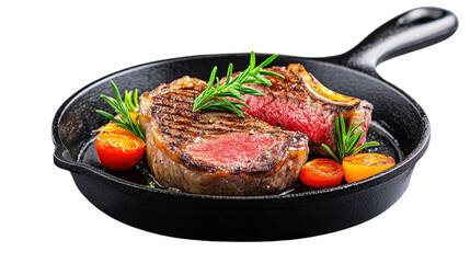 A steak is cooked and served with tomatoes and herbs