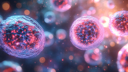 Naklejka premium health immune routine. Microscopic view of colorful, glowing cells in a dark background.