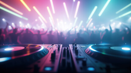 Vibrant 90s rave party scene with DJs, colorful lights, and energetic crowd. atmosphere is electric, filled with excitement and rhythm