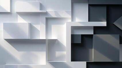 A minimalistic design with geometric shapes in shades of white and gray, layered with soft lighting and subtle shadows for a clean, contemporary look.