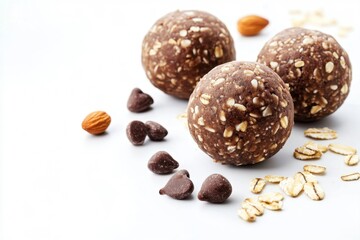 Chocolate energy balls with oats and nuts, fitness-friendly composition, clean white background