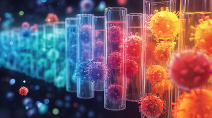 health immune routine. Colorful virus cells in test tubes on a dark background.