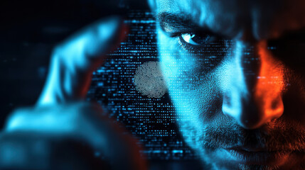 Cyber forensic expert analyzing breached system with focus on digital fingerprint. intense expression highlights urgency of cybersecurity