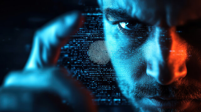 Cyber forensic expert analyzing breached system with focus on digital fingerprint. intense expression highlights urgency of cybersecurity