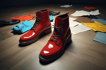 there is a pair of red boots sitting on a wooden floor