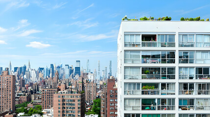Modern Residential Apartment Building with City Skyline under Blue Sky