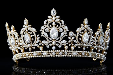 a close up of a tia with pearls and diamonds on a black surface