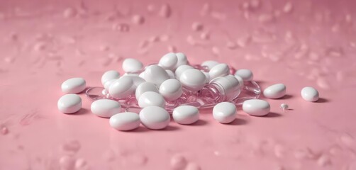 White pills in clear capsules on a pink colored surface, vitamins, health supplements