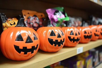 Halloween Pumpkin Buckets Filled with Candy on Store Shelf