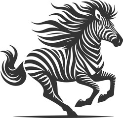 Zebra galloping at full speed, mane flowing animal silhouette