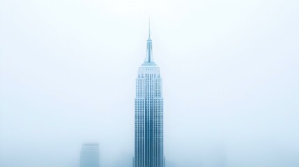 Iconic skyscraper tower shrouded in fog with minimalist atmosphere