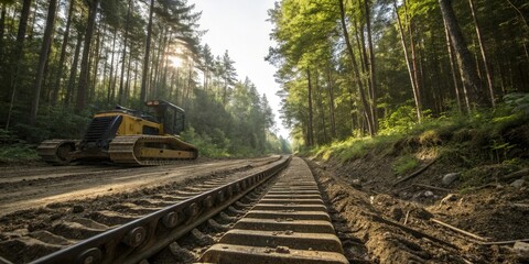 Wide-angle shot of bulldozer's continuous metal tracks traversing a forest, bulldozer, forestry