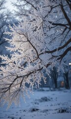 Winter scene of frosted tree branches illuminated by soft twinkling lights, branches, frosted, Christmas
