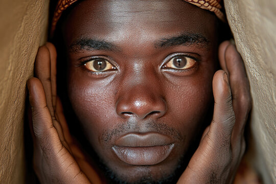 Minimalist cultural portrait of man with hands framing face, highlighting deep expression