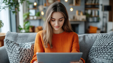 Woman shopping for dress online using tablet in cozy home setting