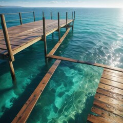 Wooden dock with water lapping against the sides and glistening blue green water, dock, wave