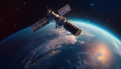 Naklejka premium Geostationary orbit satellite above the Earth, 3D render