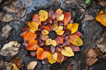 Creative autumn leaves arrangement shaped into artistic natural mandala on wet forest ground