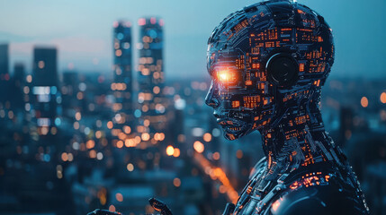 Futuristic AI humanoid engages with control panel in cyberpunk cityscape at dusk