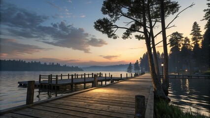Wooden pier at dusk with trees in the background, forest, warm light, river, trees, natural scenery