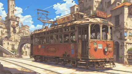 Obraz premium Vintage Red Streetcar - Medieval Modern City