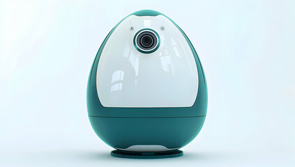 Egg-shaped AI robot with white and teal exterior, central camera eye, on white.