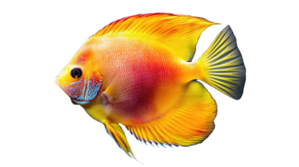 A bright orange fish with red markings swims in a white background