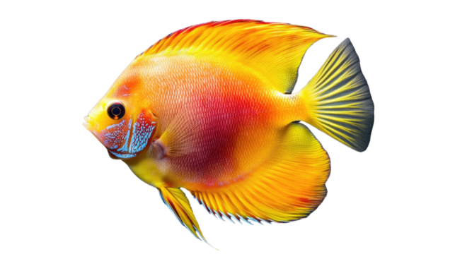 A bright orange fish with red markings swims in a white background
