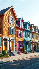 Fototapeta premium Wooden row houses with brightly colored doors and shutters, wood, colors
