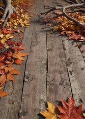 Wooden planks with fallen branches and leaves in autumn hues, autumn leaves, earthy textures, warm tones